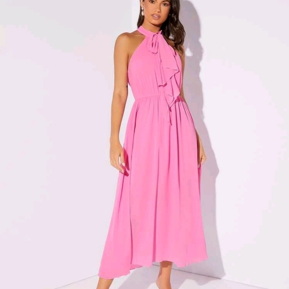 💗NWT Hot Pink Chiffon Halter Midi Classic 💗 - Picture 3 of 7